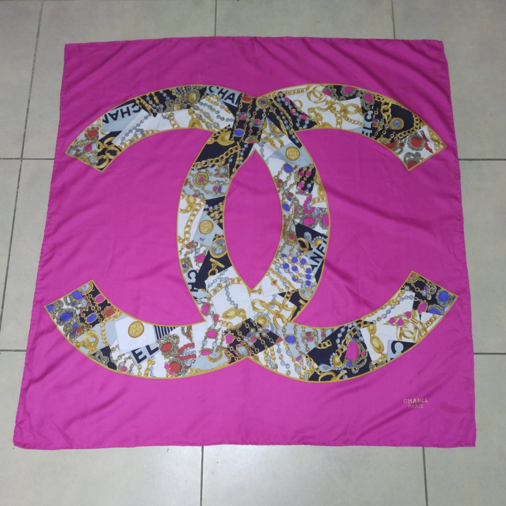 Authentic 90's Chanel Cc Pink Jeweled 100% Silk Scarf 34 X 34